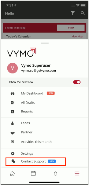 Chat with Vymo Support